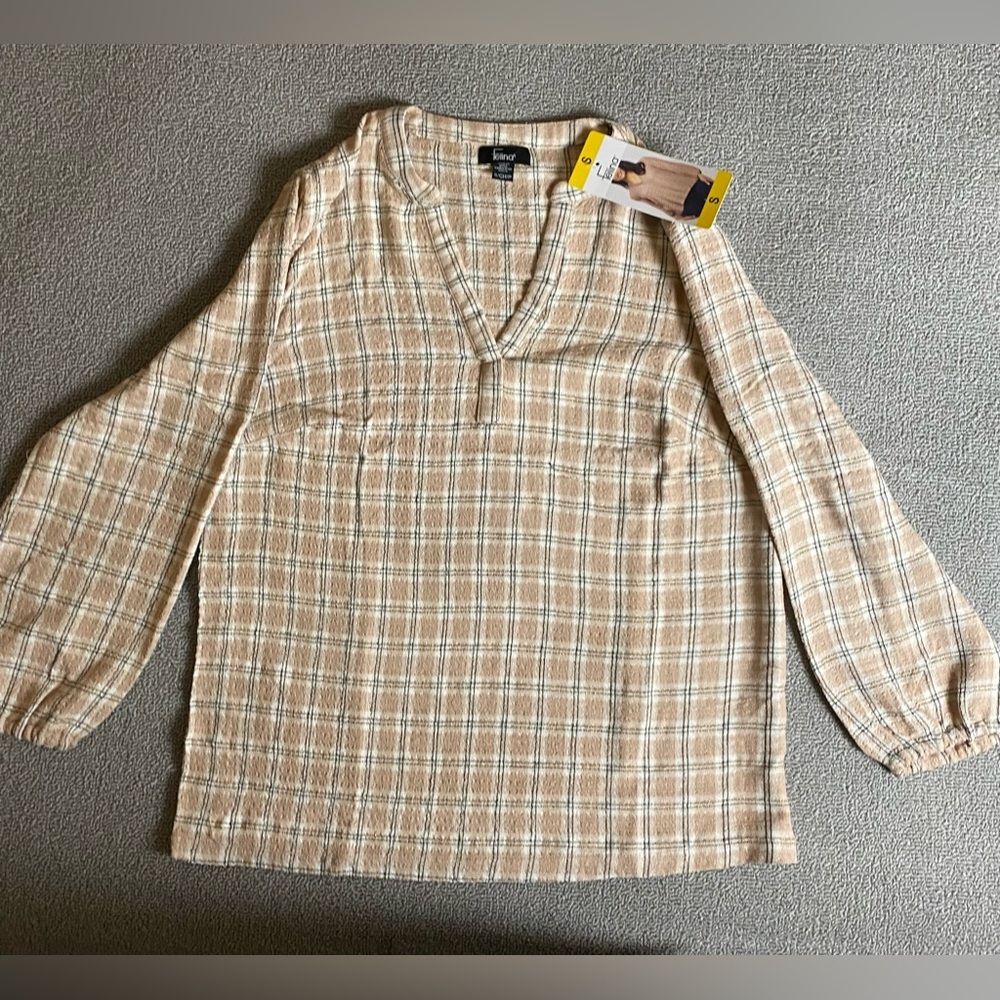 Felina Women’s Lightweight Boho Beige Plaid V-Neck Flowy Long Sleeve Blouse